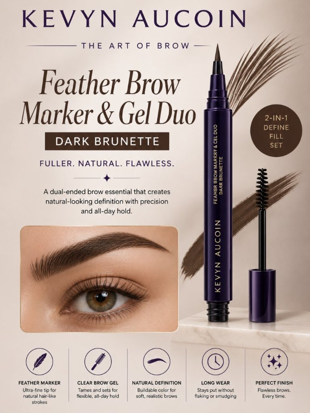 Kevyn Aucoin Feather Brow Marker & Gel Duo Dark Brunette Brow Pen Gel NIB